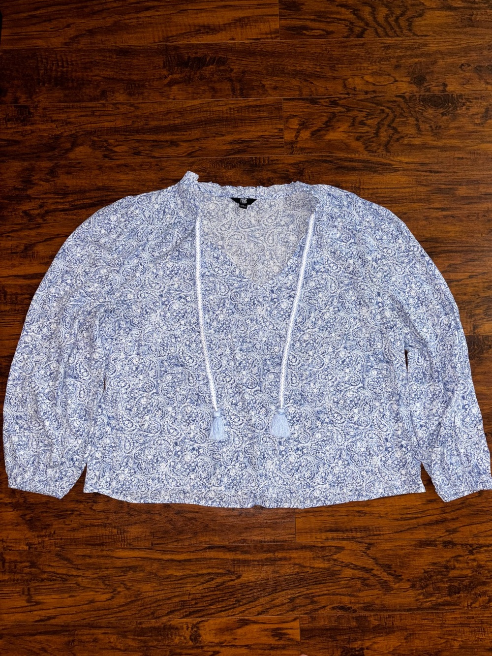 FRYE Tassel-Tie Tunic Top Baby Blue White Paisley Cara Long Sleeve Blouse